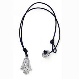 pewter hamsa necklace on leather