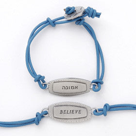This bracelet has a pewter charm on colored leather with the word 