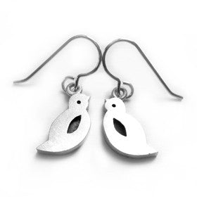 Sterling silver bird earrings that invoke the playful quality of children's drawings.